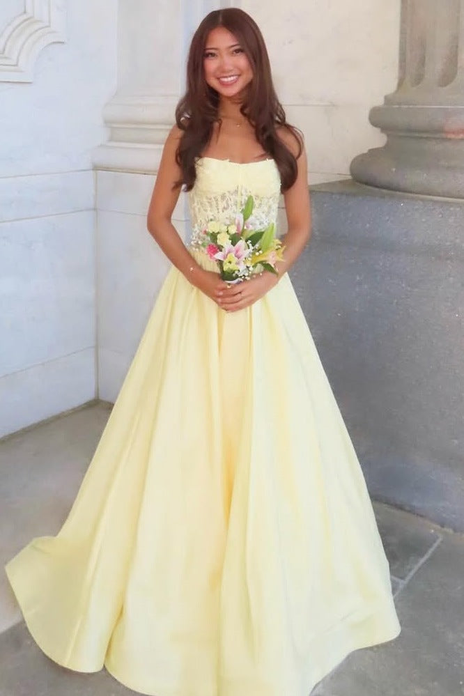 Yellow A-Line Empire-Waist Strapless Appliques Pleats Long Prom Dress