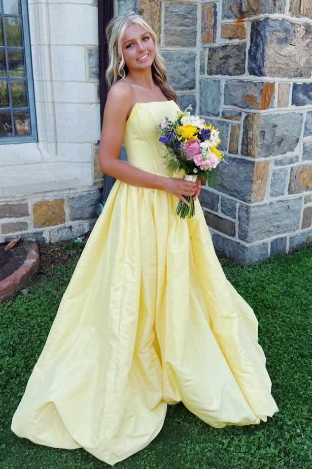 Yellow A-Line Empire-Waist Strapless Pleats Satin Sleeveless Prom Dress