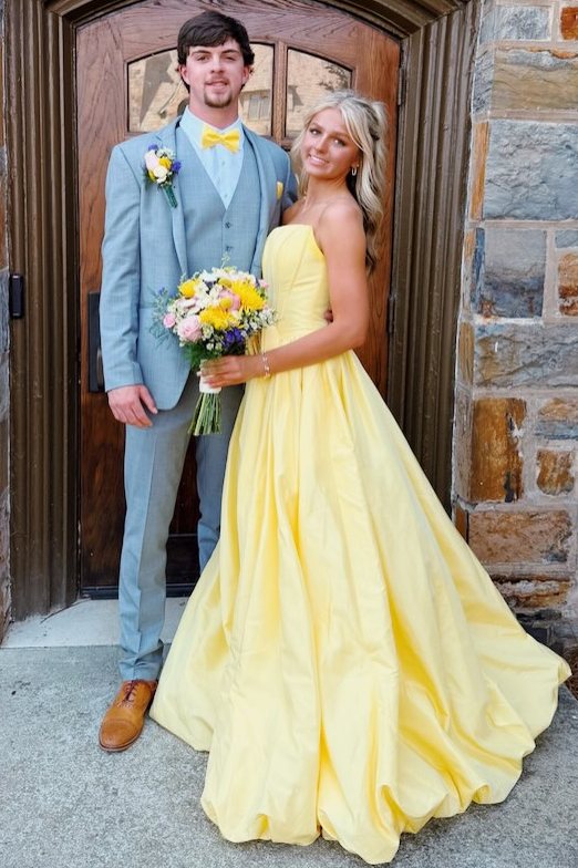 Yellow A-Line Empire-Waist Strapless Pleats Satin Sleeveless Prom Dress