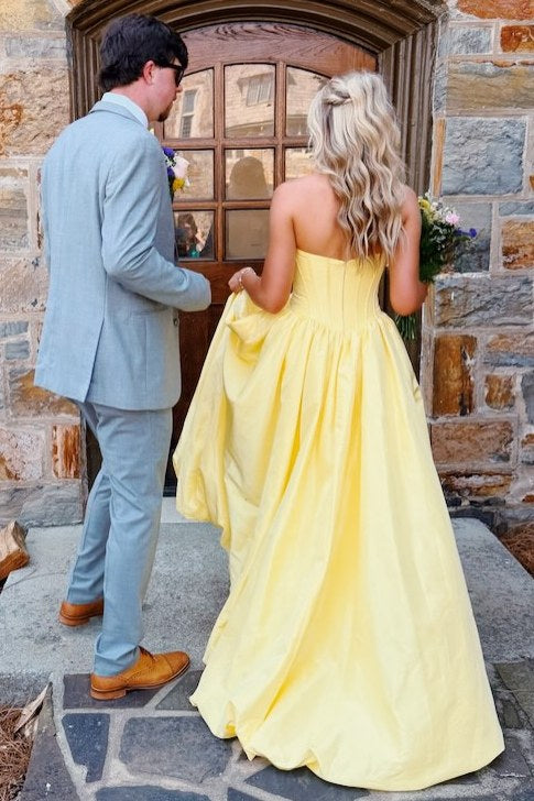 Yellow A-Line Empire-Waist Strapless Pleats Satin Sleeveless Prom Dress