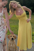 Yellow A-Line Scoop Neck Empire-Waist Sleeveless Prom Party Dress
