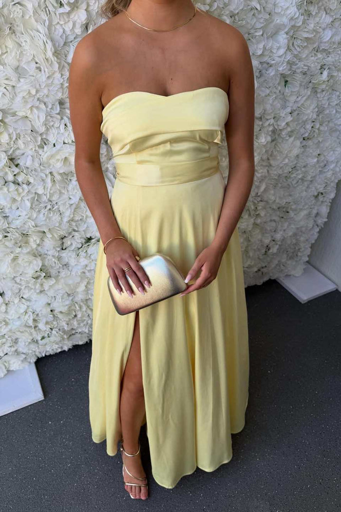 Yellow A-Line Strapless Empire-Waist Pleats Satin Long Prom Dress with Slit