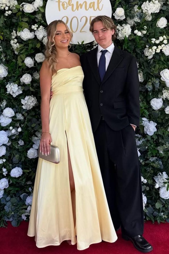 Yellow A-Line Strapless Empire-Waist Pleats Satin Long Prom Dress with Slit