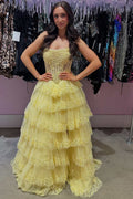 Yellow A-Line Strapless Empire-Waist Ruffles Appliques Long Prom Dress