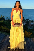 Yellow A-Line Strapless Empire-Waist Ruffles Sleeveless Prom Dress