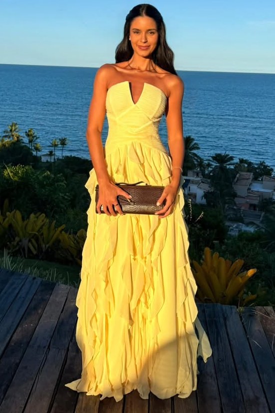 Yellow A-Line Strapless Empire-Waist Ruffles Sleeveless Prom Dress