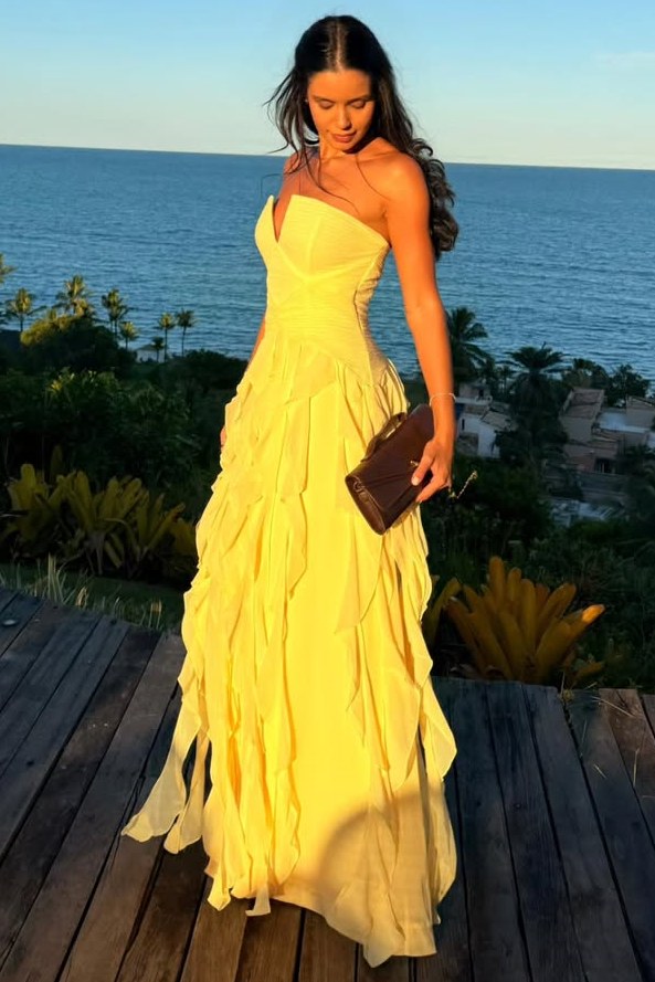 Yellow A-Line Strapless Empire-Waist Ruffles Sleeveless Prom Dress