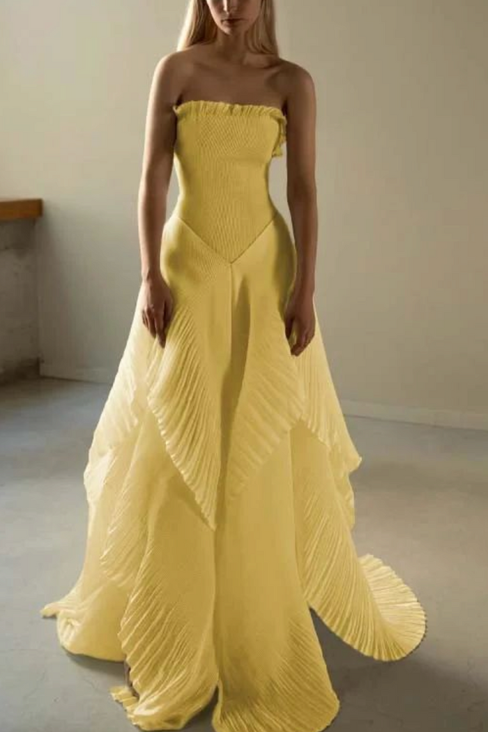 Yellow A-Line Strapless Ruffles Sleeveless Pleated Prom Dress