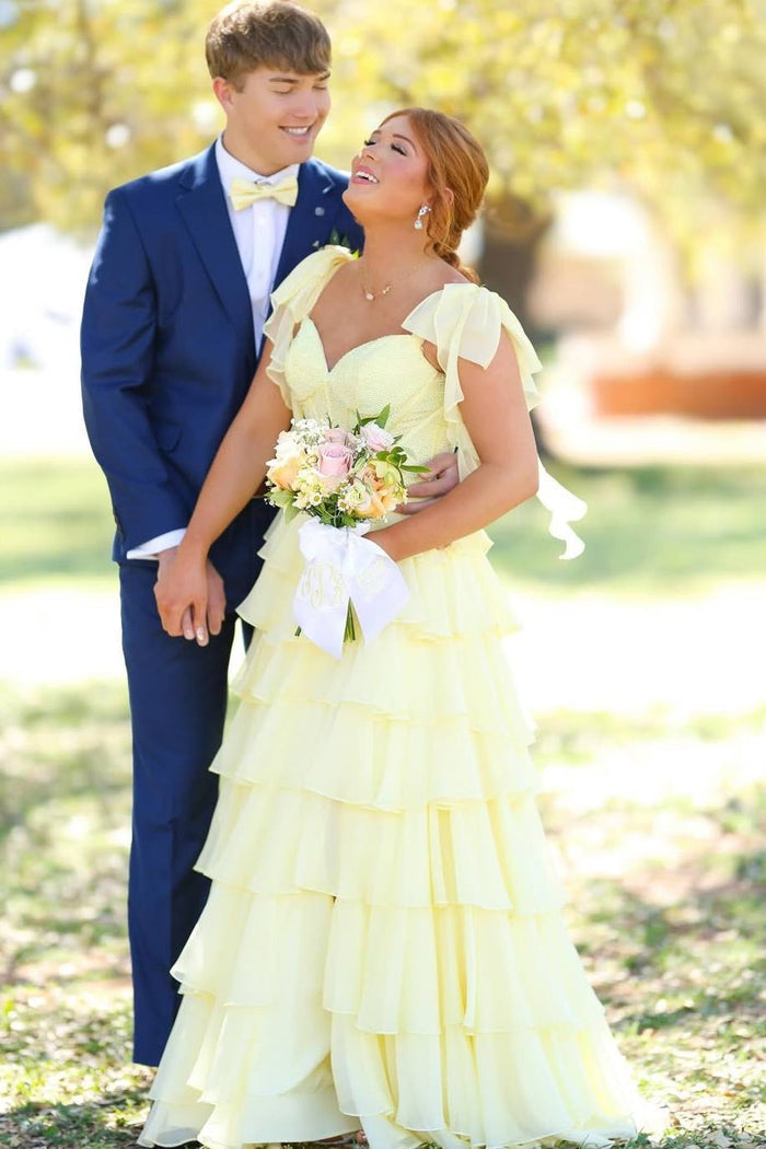 Yellow A-Line Straps V-Neck Ruffles Chiffon Empire-Waist Prom Dress with Slit