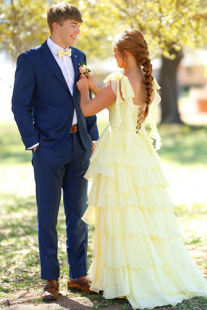 Yellow A-Line Straps V-Neck Ruffles Chiffon Empire-Waist Prom Dress with Slit