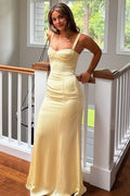 Yellow Double Straps Sweetheart Sleeveless Satin Long Prom Dress