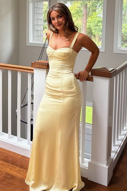 Yellow Double Straps Sweetheart Sleeveless Satin Long Prom Dress