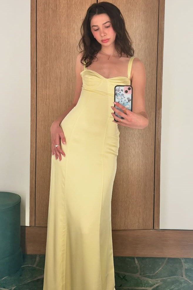 Yellow Double Straps Sweetheart Sleeveless Satin Long Prom Dress