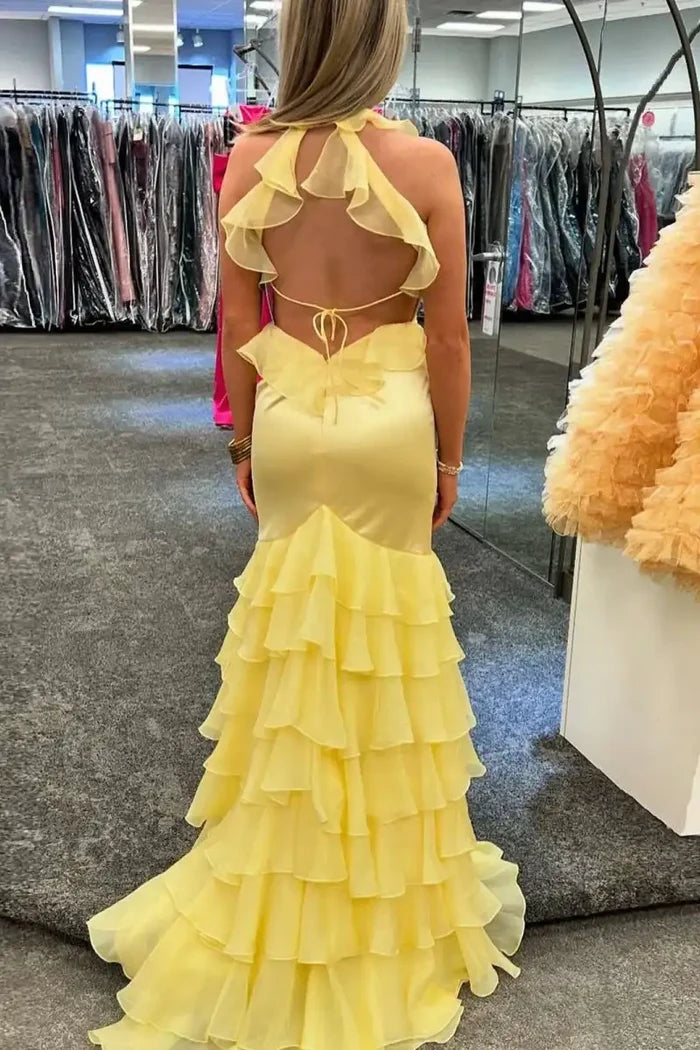 Yellow Halter Ruffles Chiffon V-Neck Mermaid Long Prom Dress with Slit