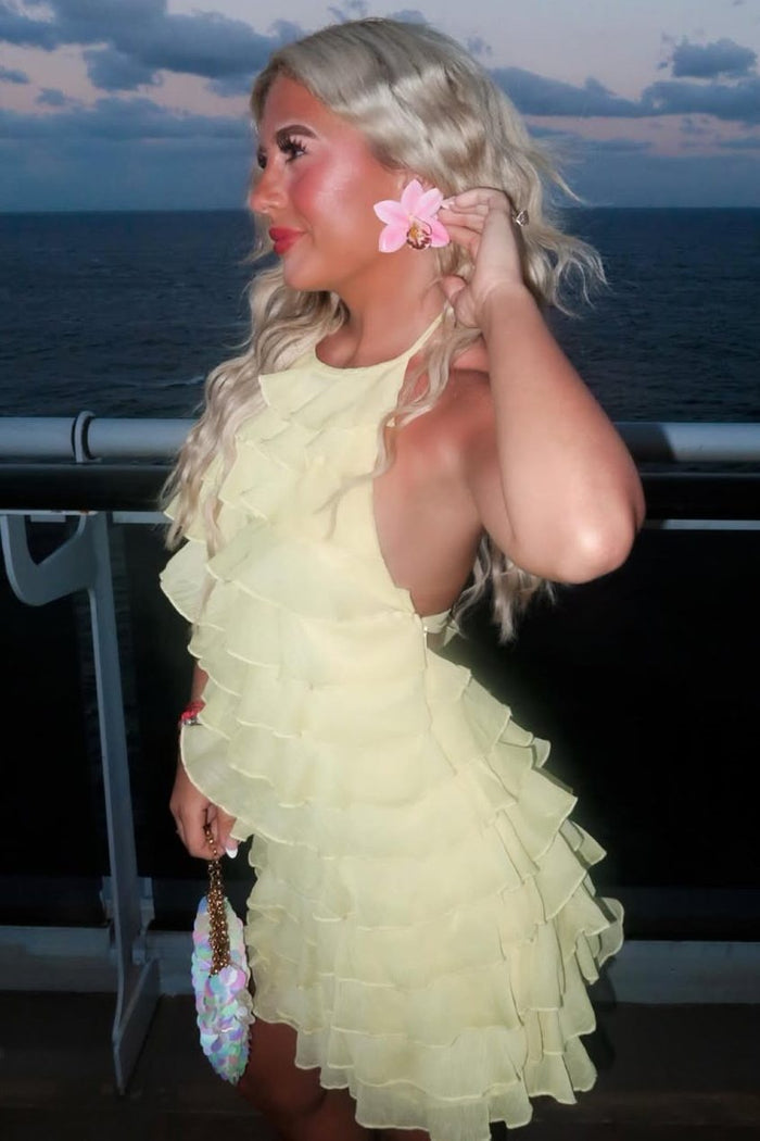 Yellow Halter Ruffles Sheath Sleeveless Chiffon Short Homecoming Party Dress
