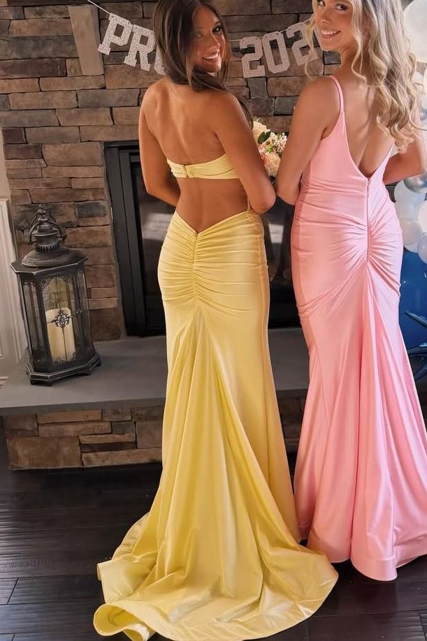 Yellow Halter Sleeveless Pleats Satin Backless Side Slit Formal Prom Dress