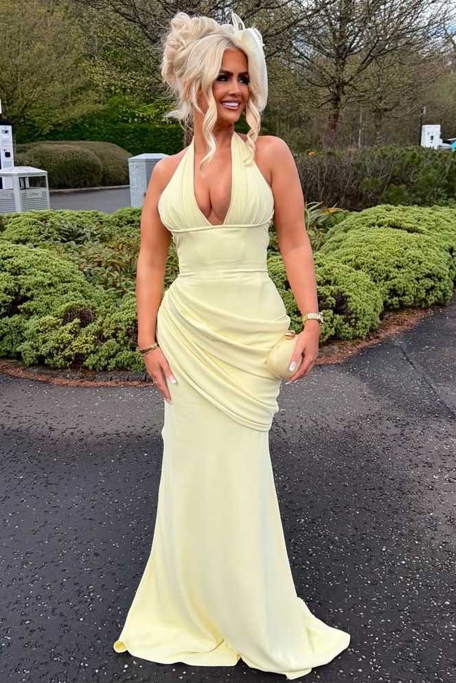 Yellow Halter V-Neck Pleats Sleeveless Mermaid Long Prom Dress