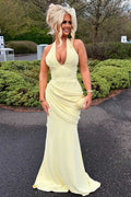 Yellow Halter V-Neck Pleats Sleeveless Mermaid Long Prom Dress