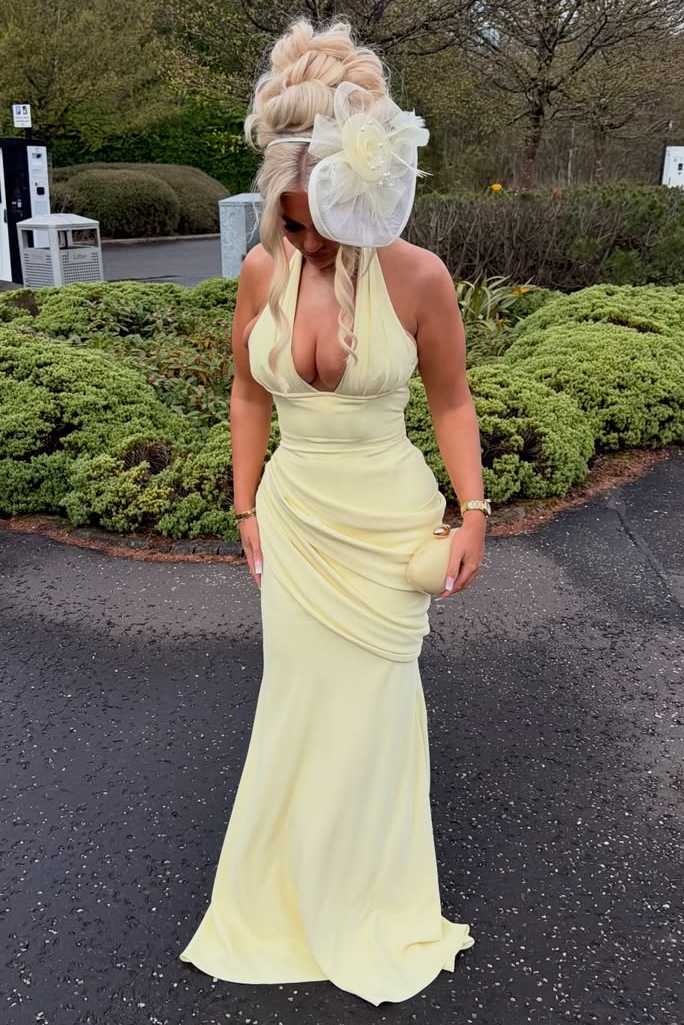 Yellow Halter V-Neck Pleats Sleeveless Mermaid Long Prom Dress