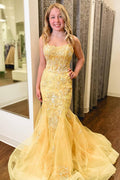 Yellow Mermaid Straps Appliques Sleeveless Prom Dress with Train