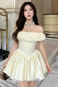Yellow Off-Shoulder A-Line Empire-Waist Satin Short Homecoming Dress