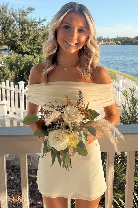 Yellow Off-Shoulder Bodycon Satin Mini Homecoming Party Dress