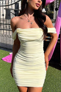 Yellow Off-Shoulder Pleats Tight Short Party Homecoming Dress