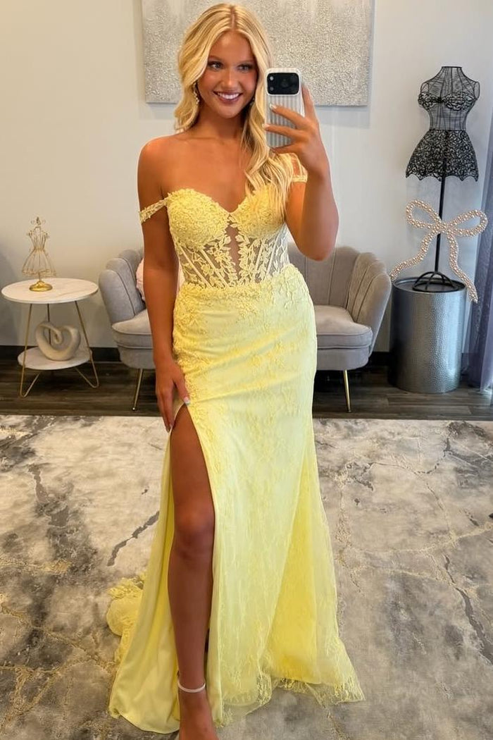 Yellow Off-Shoulder Sweetheart Lace Appliques Side Slit Long Prom Dress