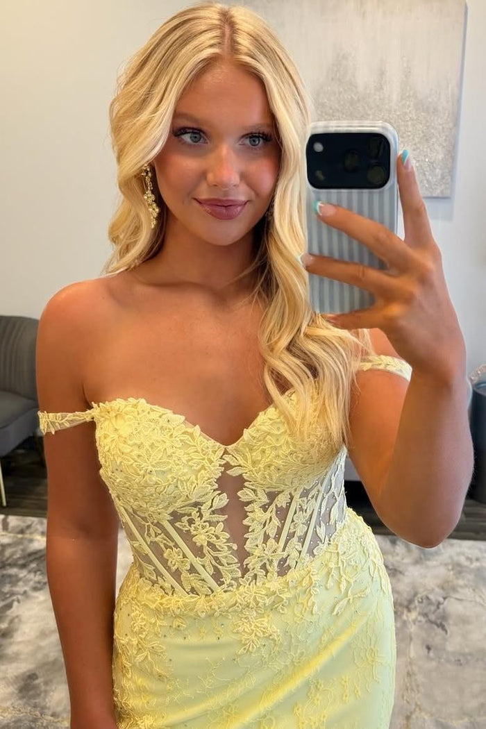 Yellow Off-Shoulder Sweetheart Lace Appliques Side Slit Long Prom Dress