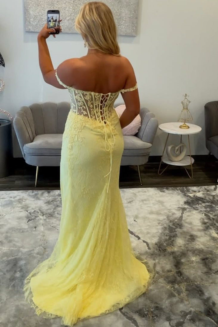 Yellow Off-Shoulder Sweetheart Lace Appliques Side Slit Long Prom Dress