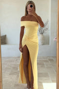 Yellow One Shoulder Pleats Satin High Slit Long Party Prom Dress