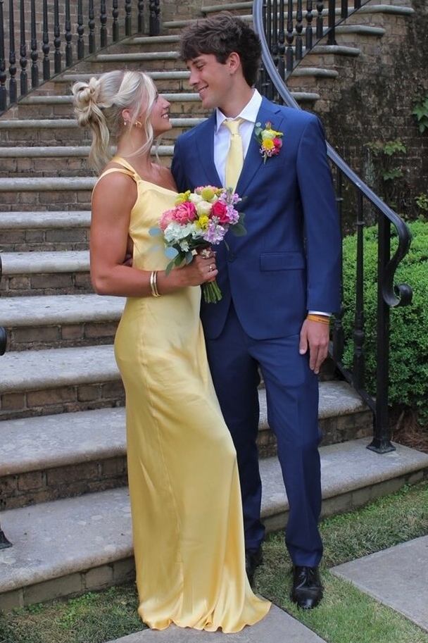 Yellow One Shoulder Sleeveless Backless Satin Long Prom Formal Dress