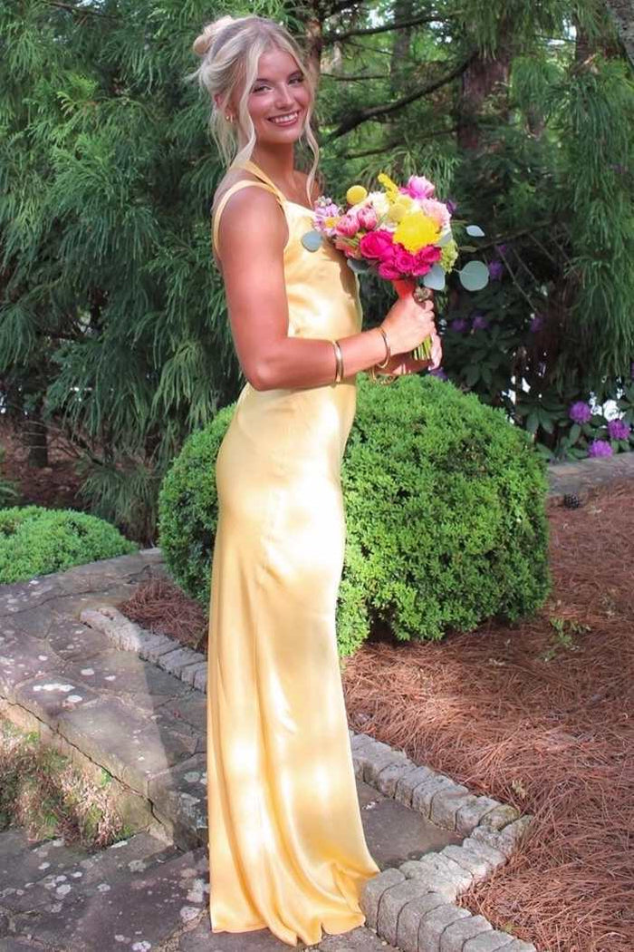 Yellow One Shoulder Sleeveless Backless Satin Long Prom Formal Dress