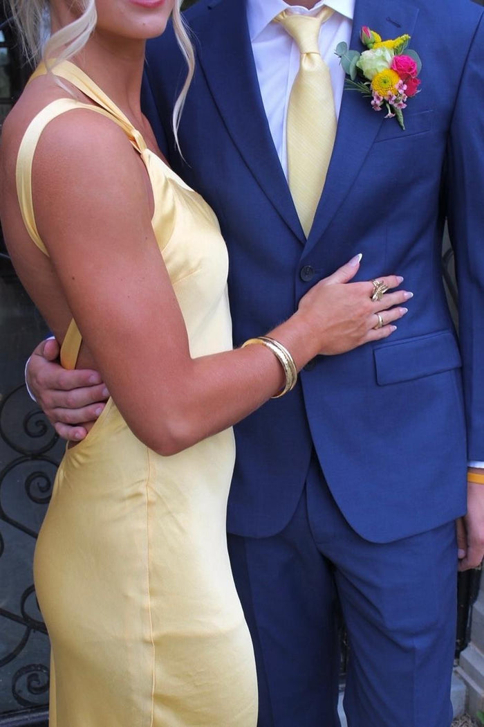 Yellow One Shoulder Sleeveless Backless Satin Long Prom Formal Dress