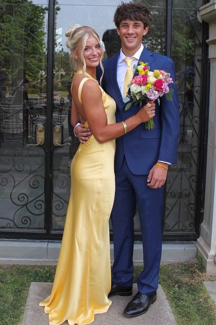 Yellow One Shoulder Sleeveless Backless Satin Long Prom Formal Dress