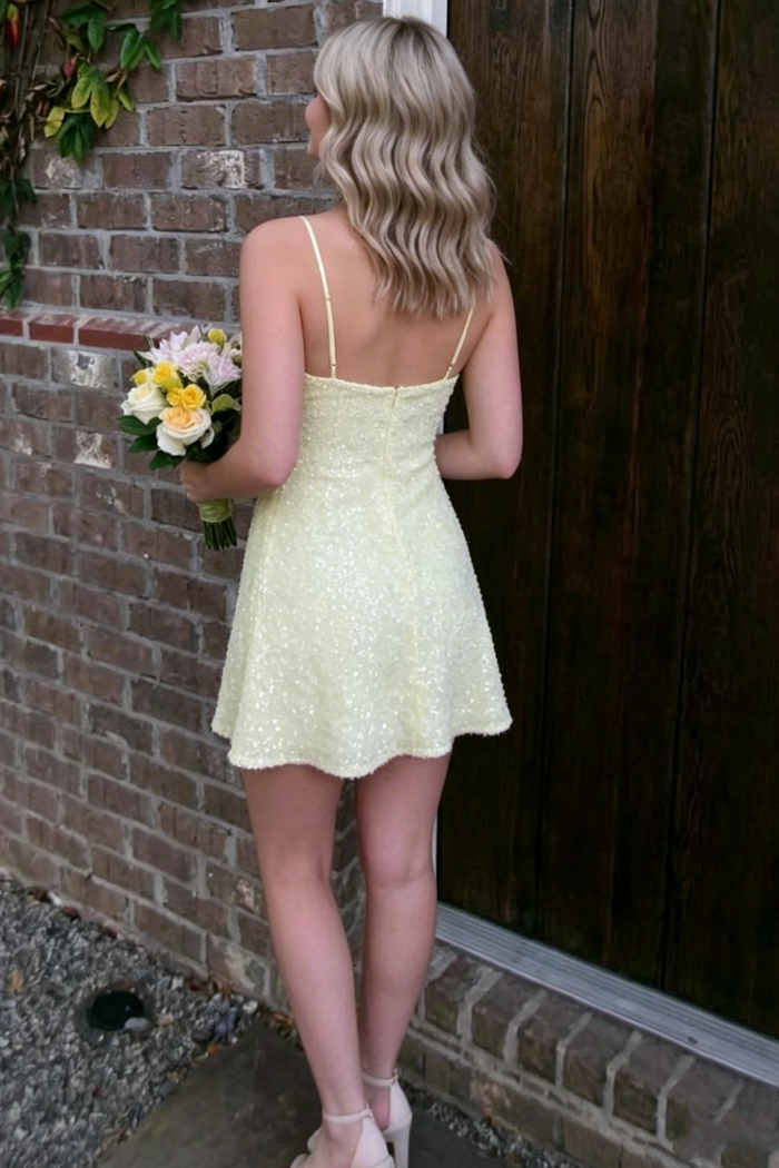 Yellow Spaghetti Straps A-Line Sequins Sleeveless Short Homecoming Dress