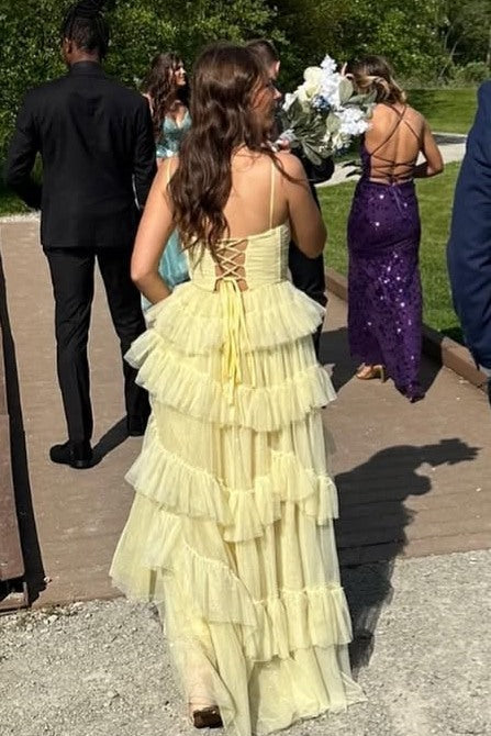 Yellow Spaghetti Straps A-Line Sleeveless Ruffle Tulle Long Prom Dress