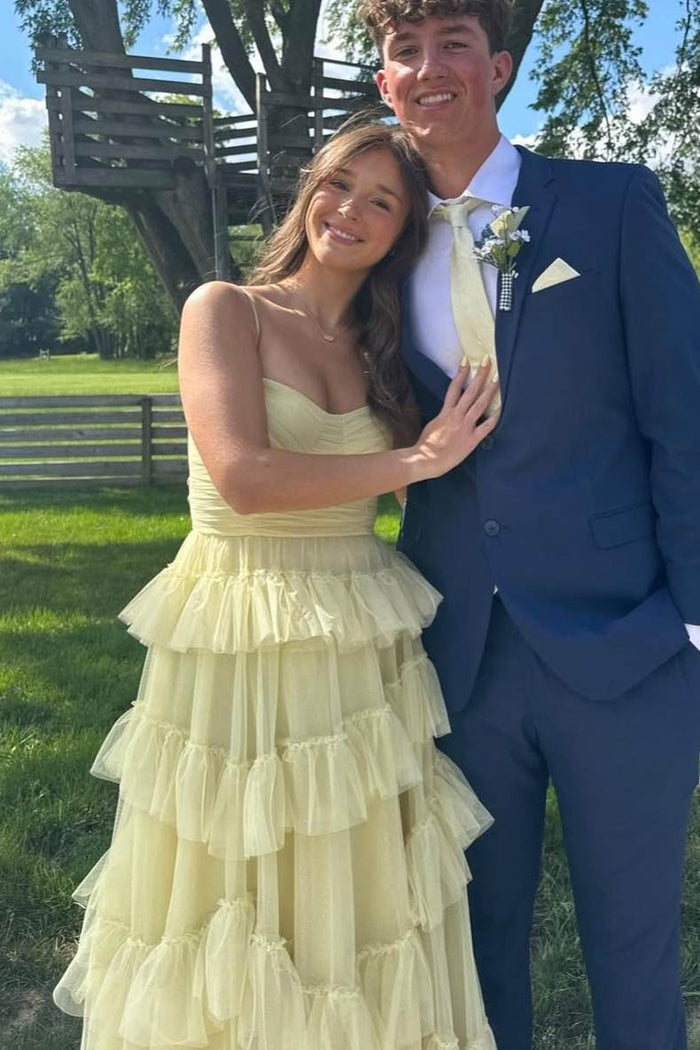 Yellow Spaghetti Straps A-Line Sleeveless Ruffle Tulle Long Prom Dress