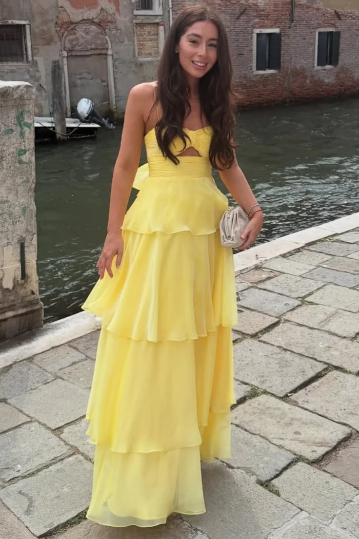 Yellow Spaghetti Straps A-Line Sweetheart Tiered Chiffon Prom Dress