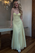 Yellow Spaghetti Straps Pleated Sweetheart Sleeveless Long Prom Dress