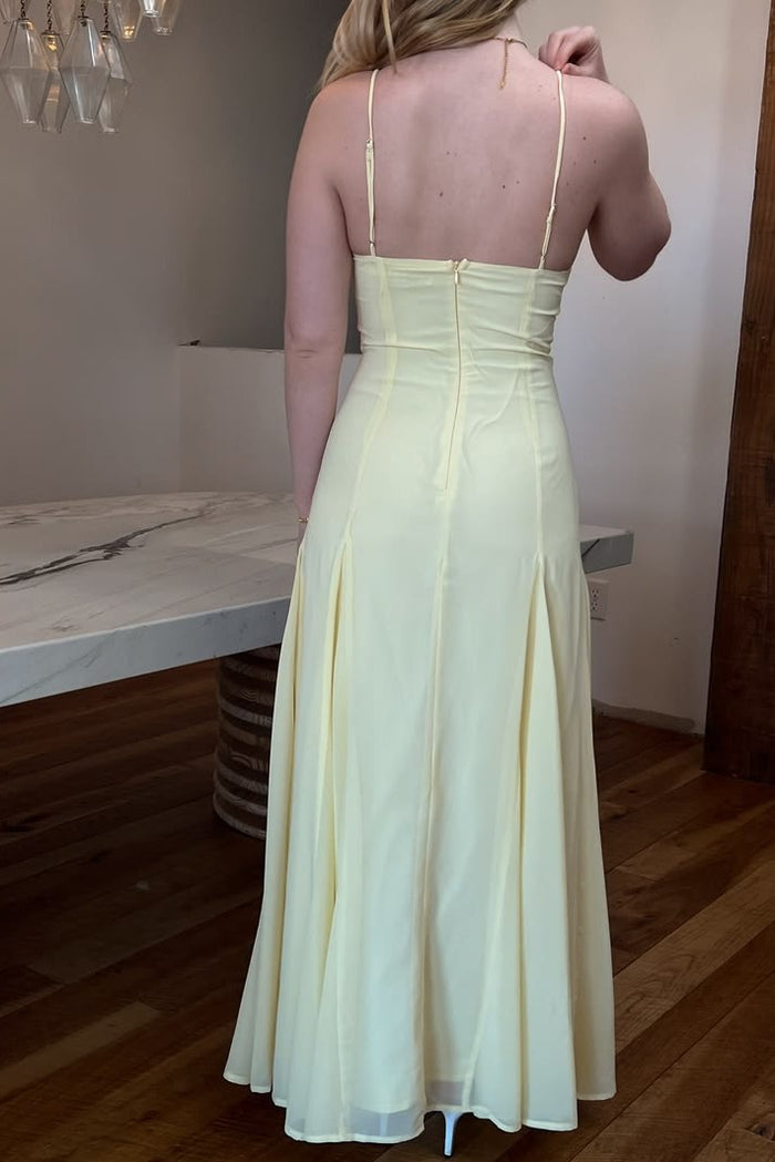 Yellow Spaghetti Straps Pleated Sweetheart Sleeveless Long Prom Dress