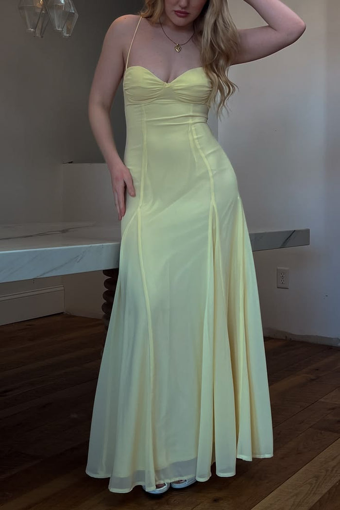 Yellow Spaghetti Straps Pleated Sweetheart Sleeveless Long Prom Dress