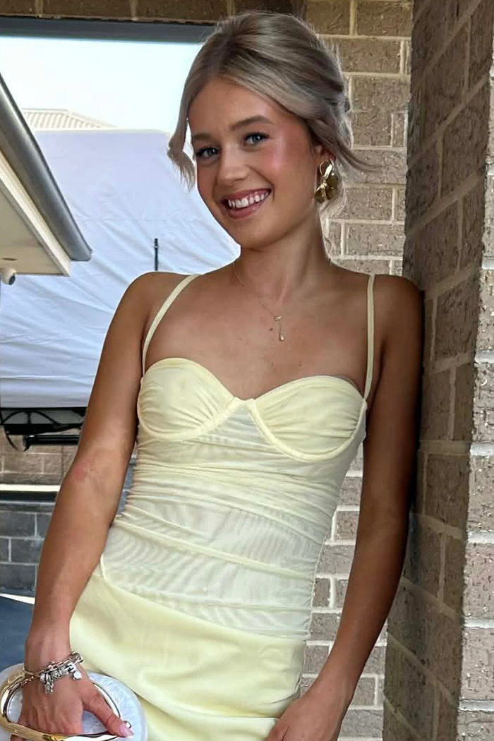 Yellow Spaghetti Straps Pleats Sweetheart Sleeveless Long Prom Dress