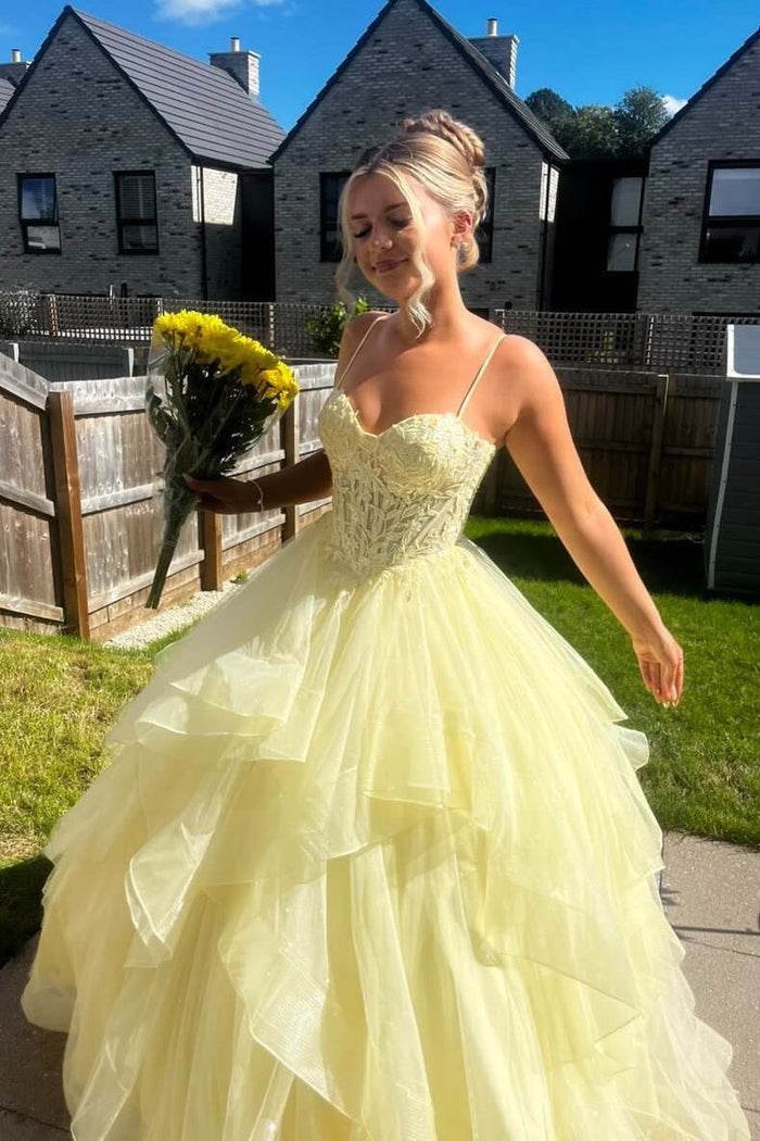 Yellow Spaghetti Straps Sweetheart Ruffles A-Line Prom Dress