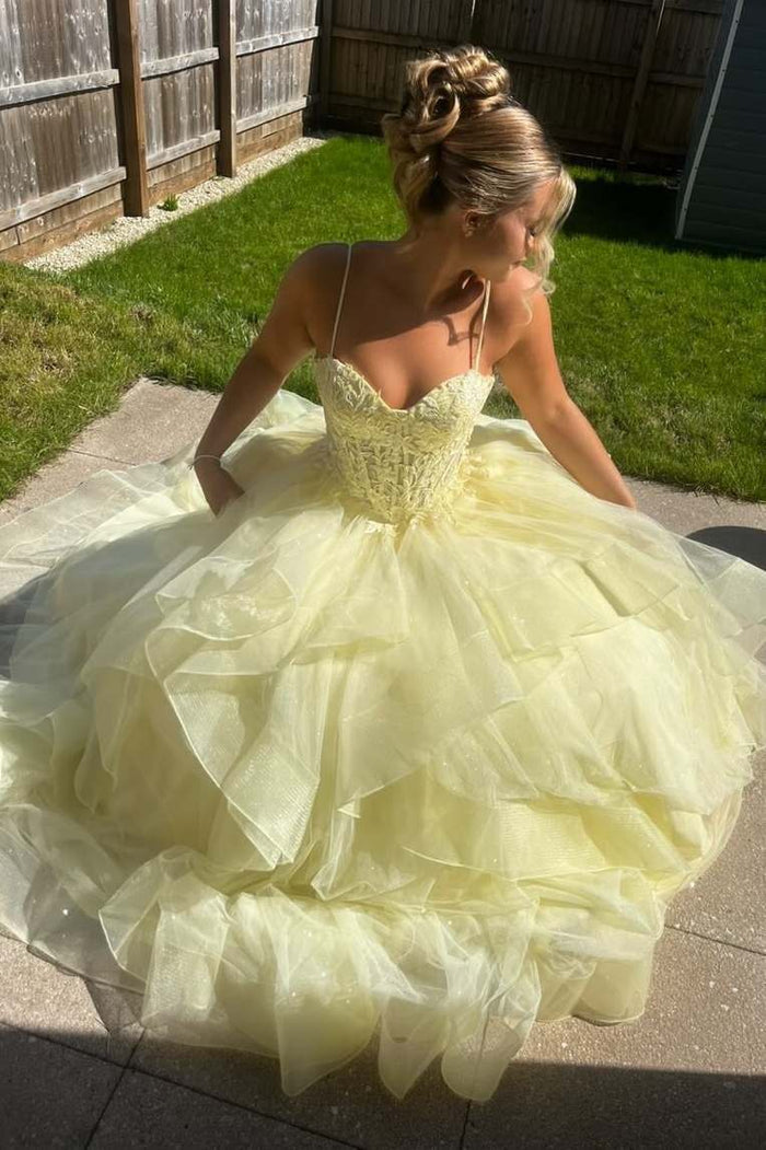 Yellow Spaghetti Straps Sweetheart Ruffles A-Line Prom Dress
