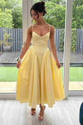 Yellow Spaghetti Straps V-Neck Pleats Empire-Waist Prom Formal Dress