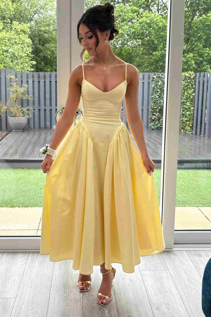 Yellow Spaghetti Straps V-Neck Pleats Empire-Waist Prom Formal Dress