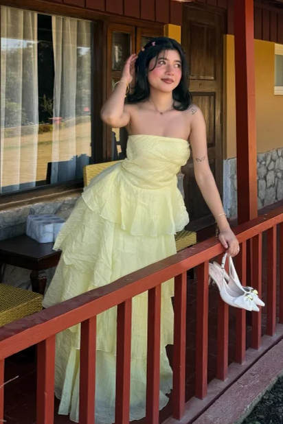 Yellow Strapless A-Line Empire-Waist Ruffles Sleeveless Prom Dress