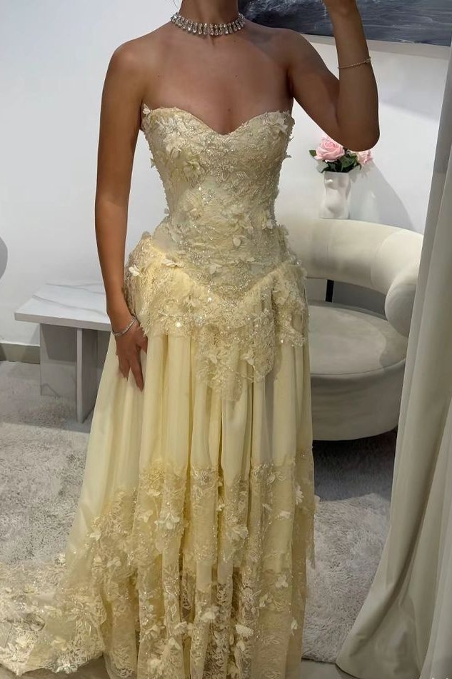 Yellow Strapless A-Line Lace Appliques Empire-Waist Pleated Evening Prom Dress