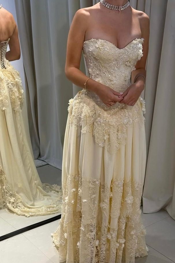 Yellow Strapless A-Line Lace Appliques Empire-Waist Pleated Evening Prom Dress